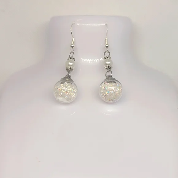 Handmade White Pearl and Glitter Ball Earrings - Picture 2 of 2